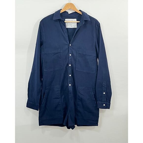 FRANK & EILEEN M Medium Navy Performance Linen Ireland Long Slv Playsuit Romper - Picture 2 of 9